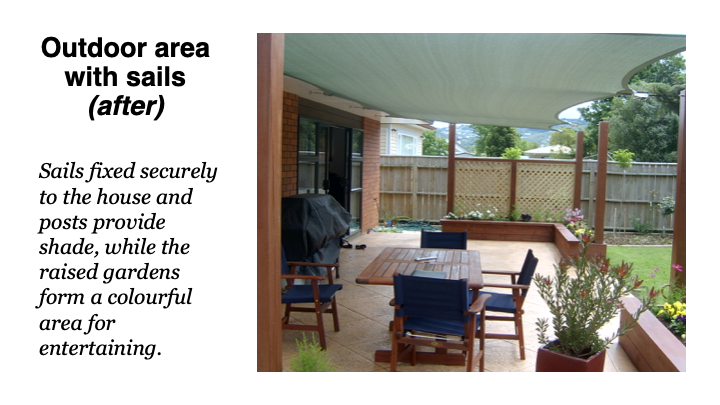Covered outdoor entertaining area with shade sails and raised planters