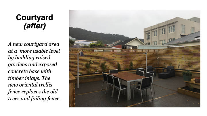 Rebuilt courtyard with a new deck, timber fence and planters