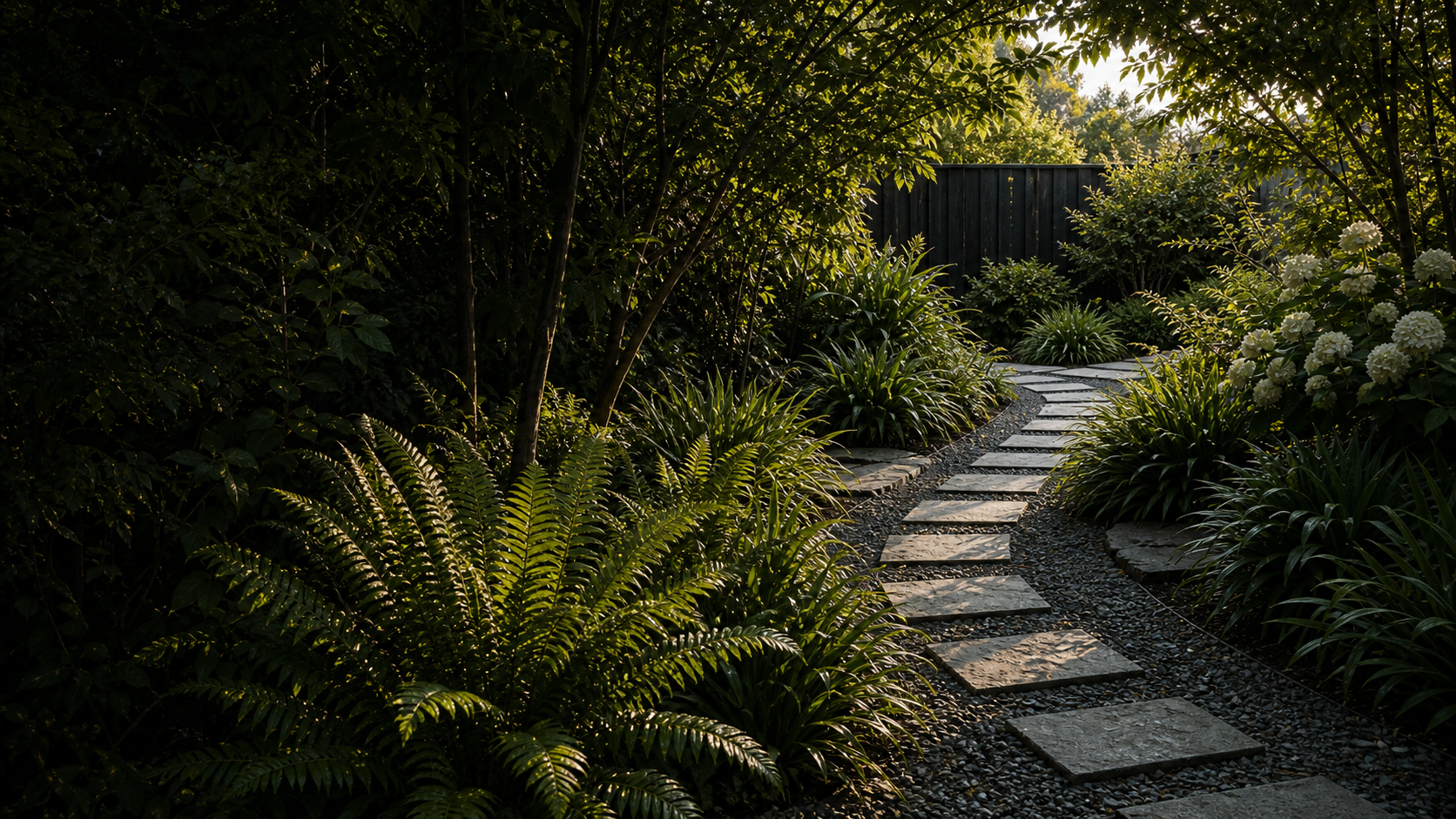 Stepping-stone path winding through lush ferns and layered planting in a shaded Wellington garden